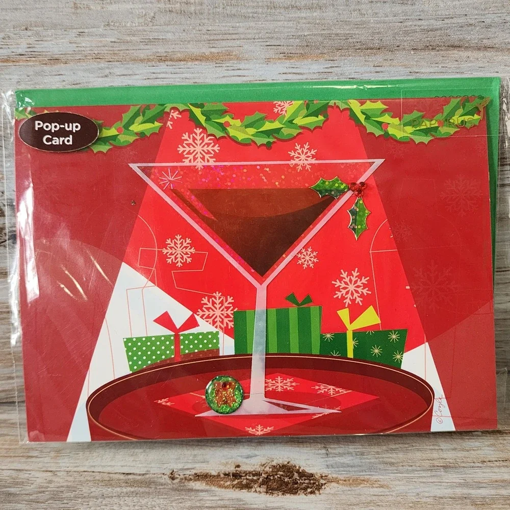 Papyrus Christmas Pop-Up Card Holiday Cocktails Martini Glitter 3D New Year
